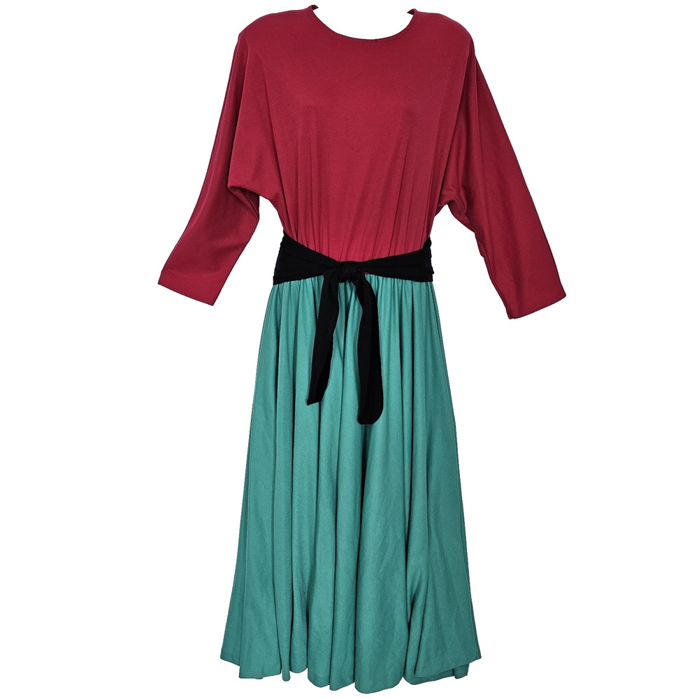 Vtg Dress 14 Colorblock Pink Green Belted Long Dolman Sleeves Midi Made USA